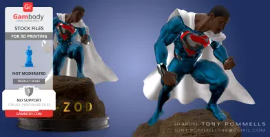 A dynamic superhero in a blue suit and white cape, poised on a rock base with 'ZOD' engraved.