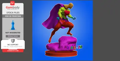 A dynamic superhero model in a cape, mid-action pose, standing on a rock base for 3D printing.