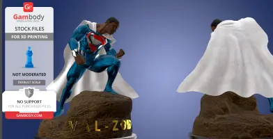3D model of a superhero in blue suit with red emblem, dynamic pose on rock, labeled 'VAL-ZOD.'
