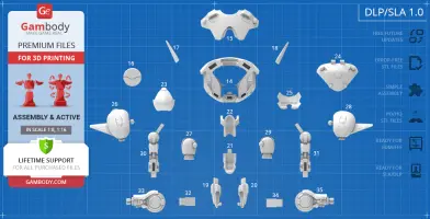 STL assembly parts for 3D printing a mech model, displayed on a blueprint-style background.