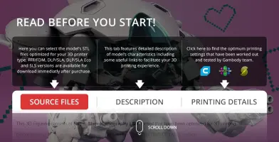 D.Va's Mech model with buttons for source files, description, and printing details for 3D printing.