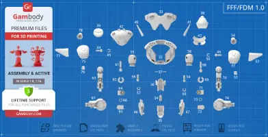 Layout of STL files for 3D printing Overwatch D.Va’s Mech from Gambody, showing various numbered parts.