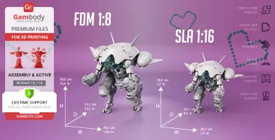 Two 3D models of D.Va’s mech from Overwatch, scaled at 1:8 and 1:16, on a purple background.