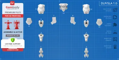 Blueprint layout of D.Va's Mech parts for 3D printing, labeled 1 to 13 on a grid background.