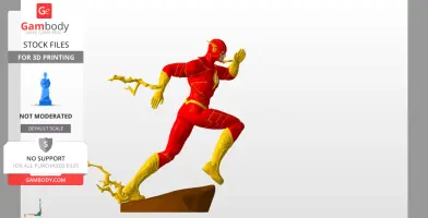 A running superhero statue with red and yellow lightning details on a base, designed for 3D printing.