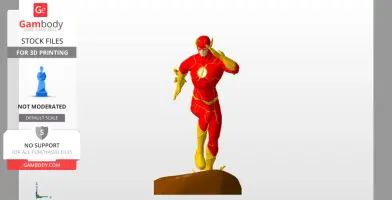 A 3D model of a superhero in red and yellow, posed dynamically on a base for 3D printing.
