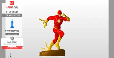 A dynamic 3D model of a superhero in red and yellow, in a running pose on a brown base.