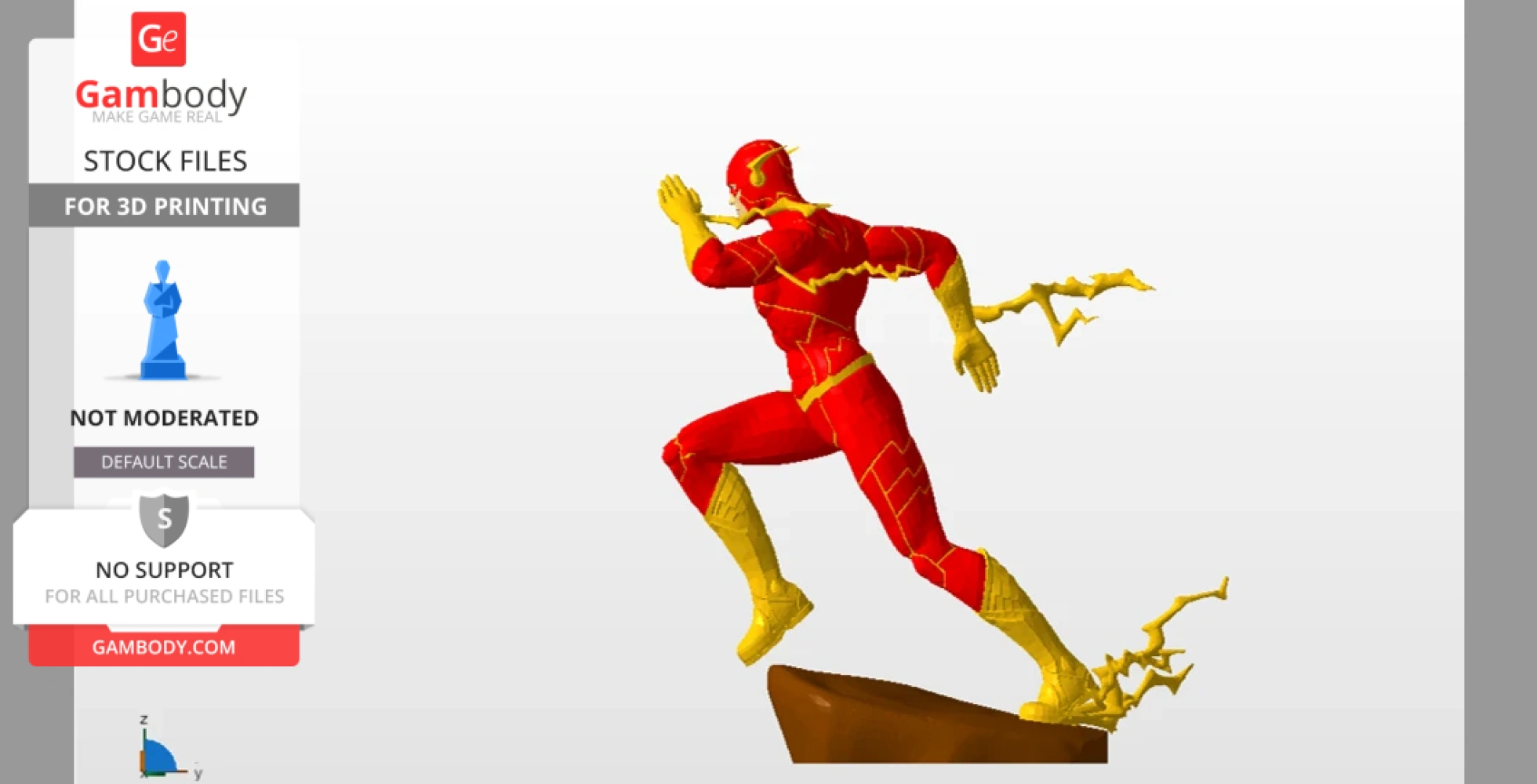 A dynamic superhero statue in a running pose with lightning effects, designed for 3D printing.