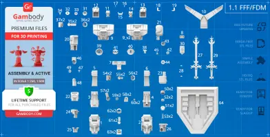 Blueprint layout of Voltron (1984) STL parts for 3D printing, featuring swords and robot components.