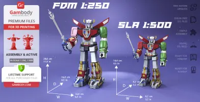 Two Voltron models for 3D printing, showcasing different scales (1:250 and 1:500) with dimensions.