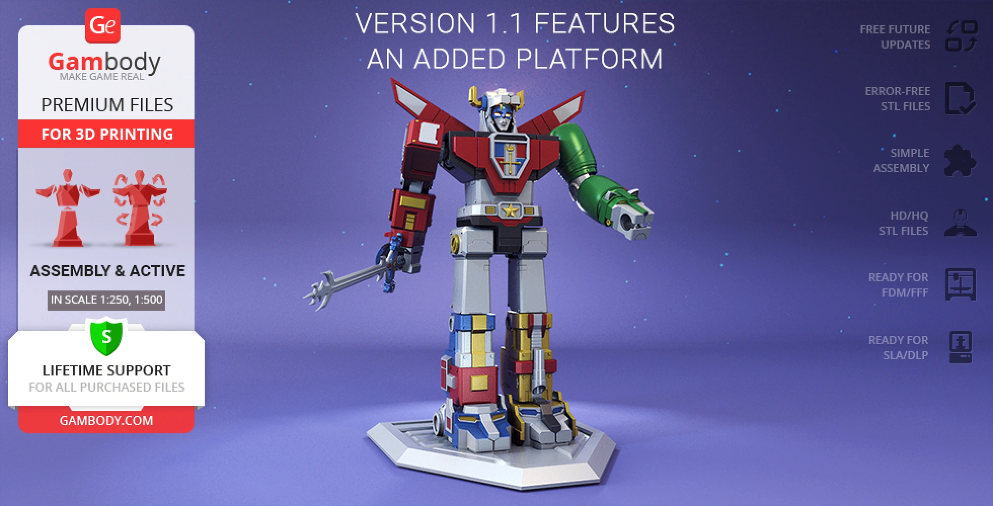Voltron 3D model for printing, stands on a platform, showcasing its vibrant, multicolored design from 1984.