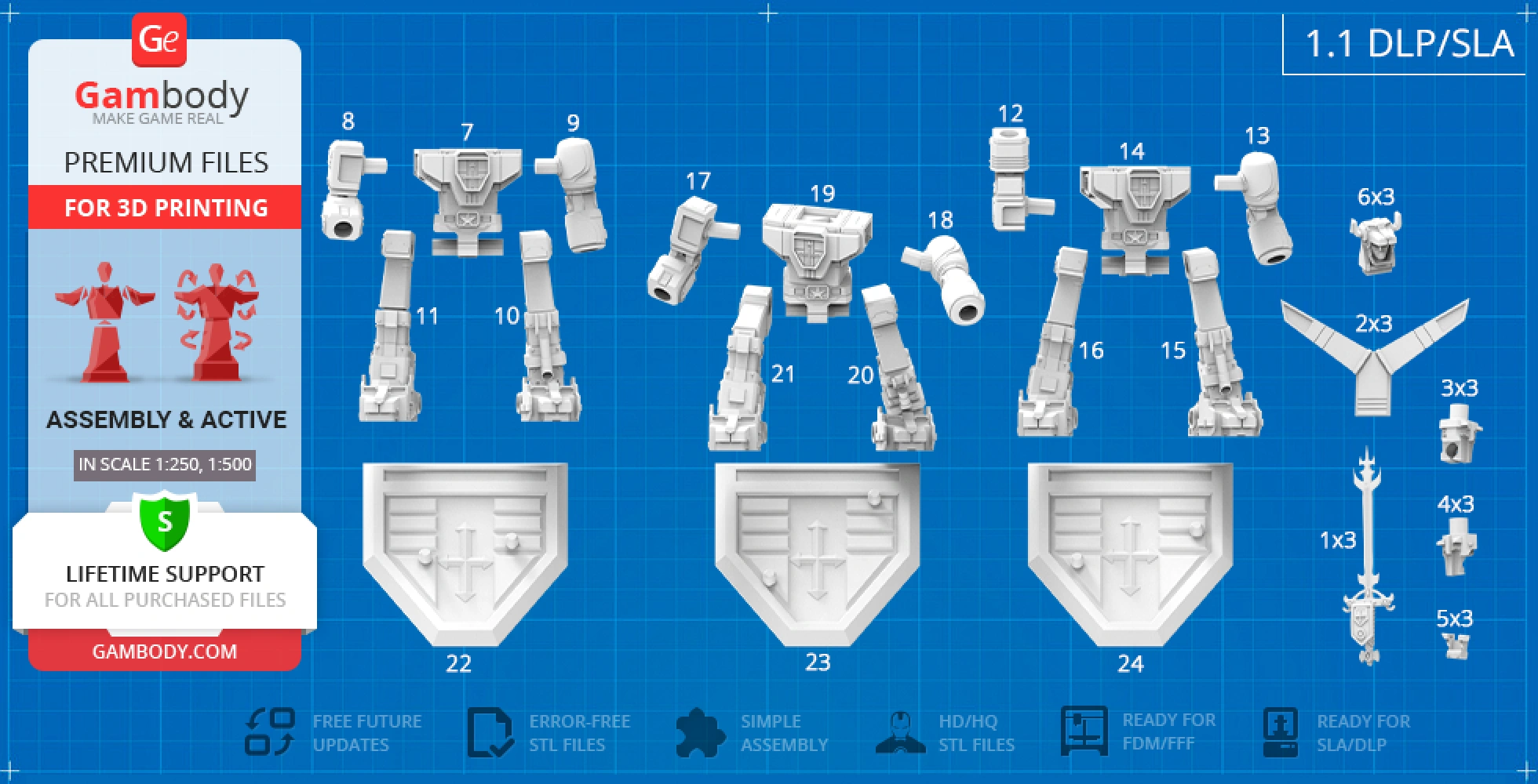 Blueprint of Voltron 3D model parts for printing and assembly, displayed on a blue grid background.