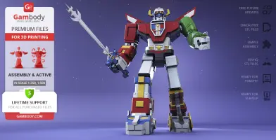 A detailed 3D model of Voltron in a dynamic pose, holding a sword, ready for 3D printing.
