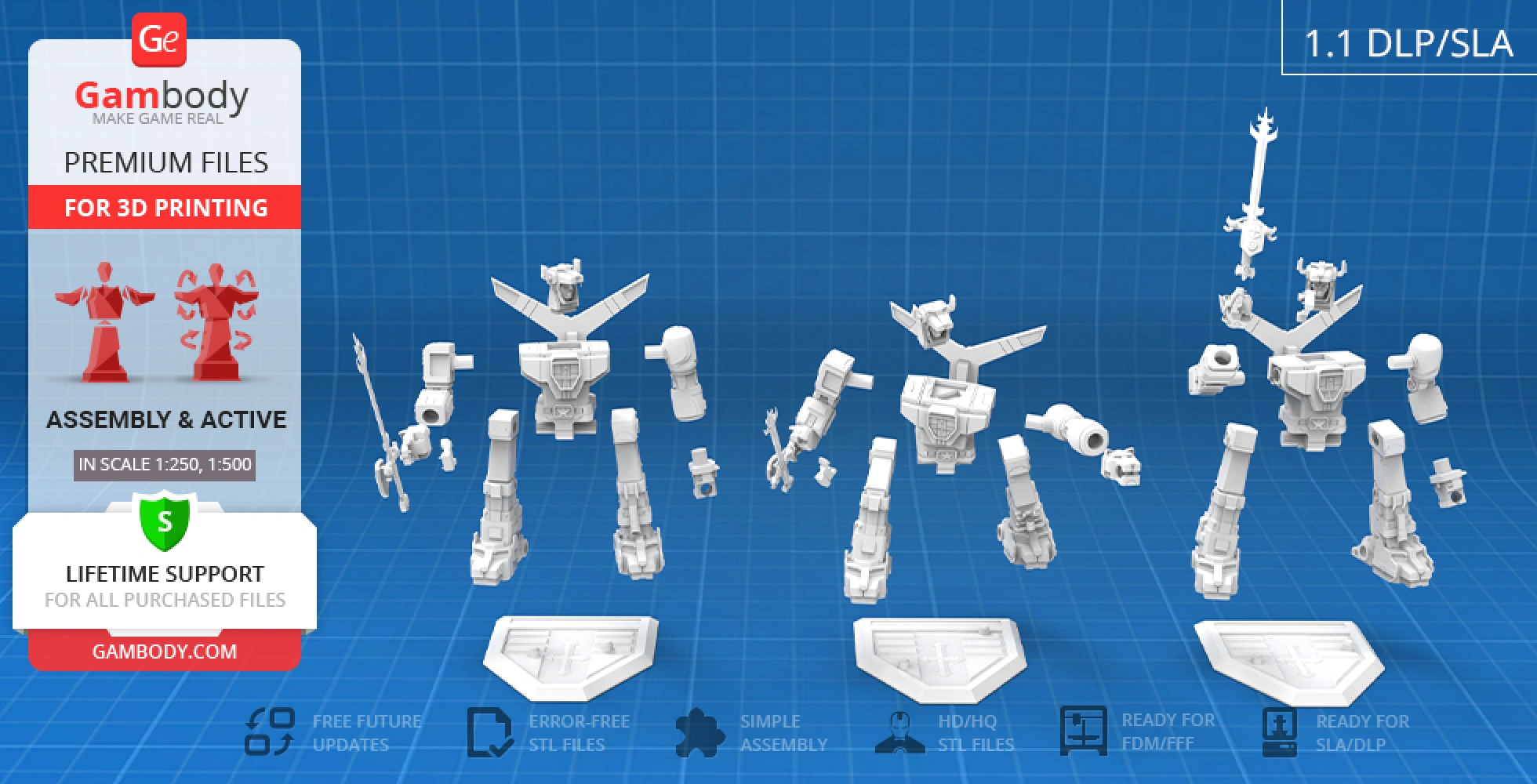 3D printable model of Voltron robot parts displayed with assembly and printing information.