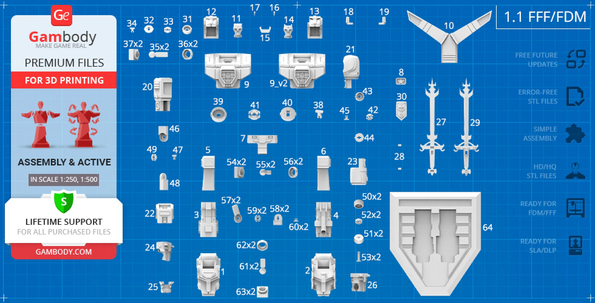 Blueprint layout of Voltron (1984) STL parts for 3D printing, featuring swords and robot components.