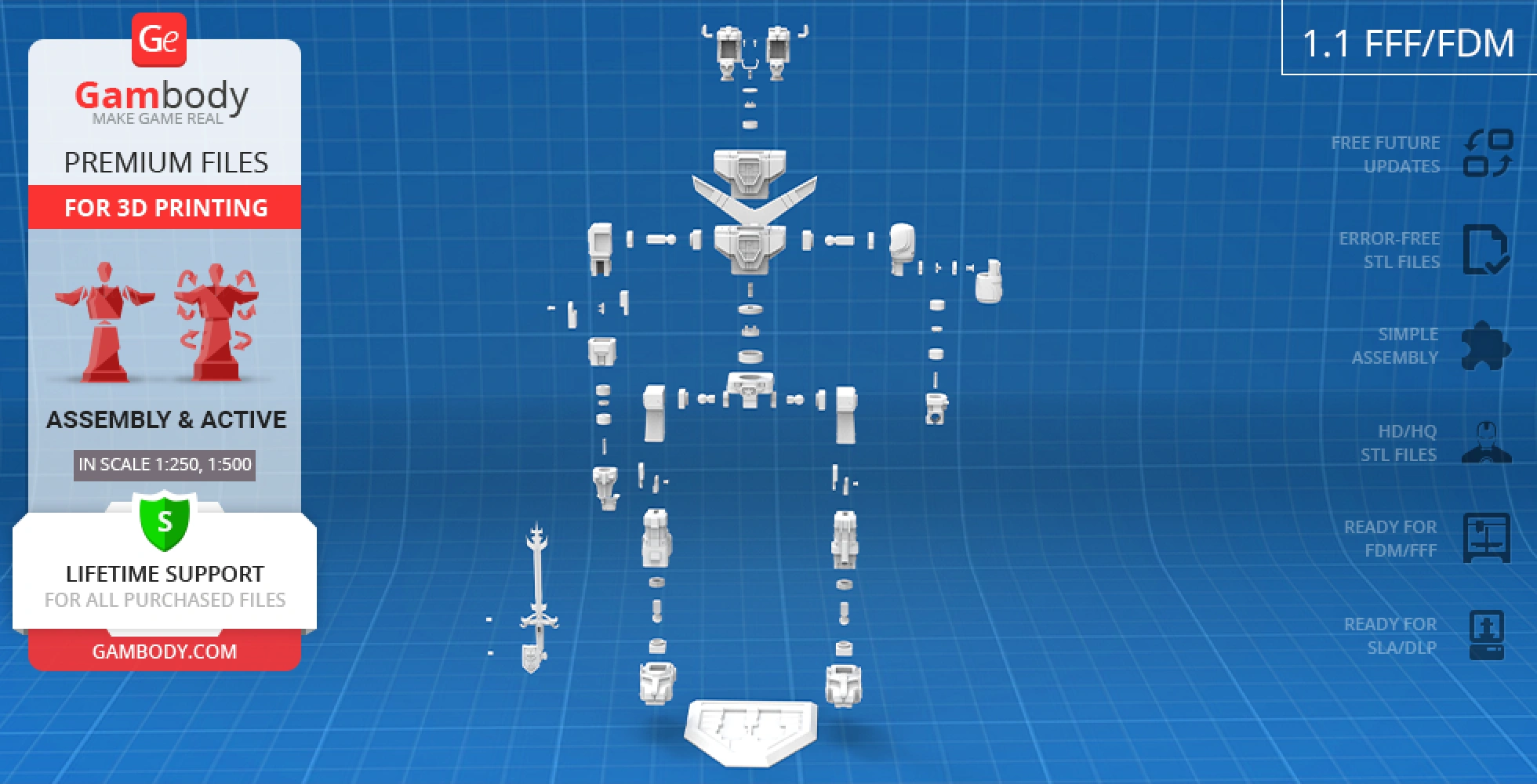 Exploded view of Voltron 3D model parts for printing, arranged on a blue grid background.
