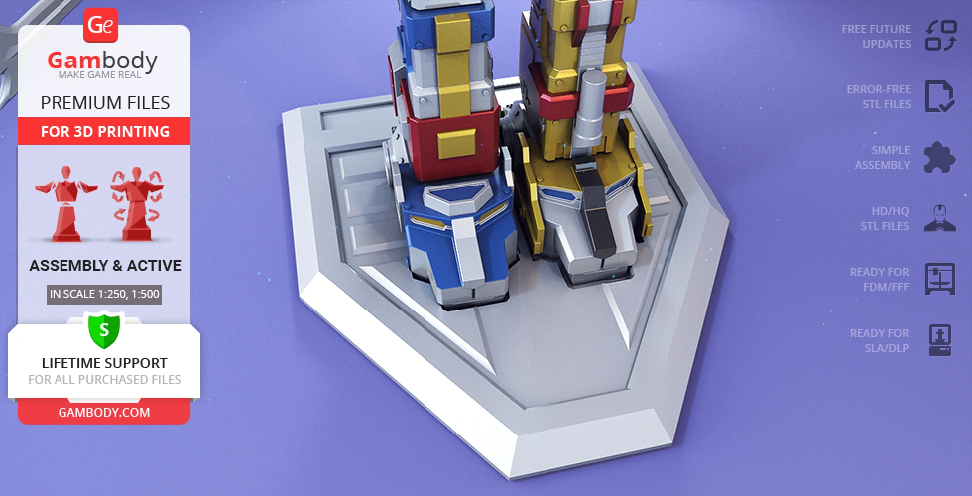 Voltron 3D model legs and base on display, with colorful mechanical details and promotional text.