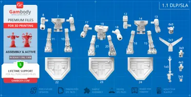 Blueprint of Voltron 3D model parts for printing and assembly, displayed on a blue grid background.