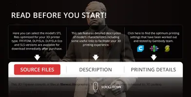 3D model of a suited man, depicted as a figurine for 3D printing, with text on STL file options.