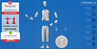 A 3D printable model kit showing disassembled pieces of a suited figure with base, for easy assembly.