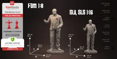 A 3D printed figure of a suited man holding a cigar, available in two scales, shown with dimensions.