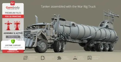 3D model of a rugged tanker truck with spiked wheels, designed for 3D printing.