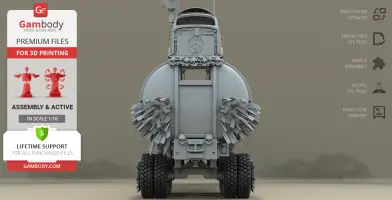 3D model of Mad Max War Rig Tanker with spiked wheels and rugged design, ready for 3D printing.