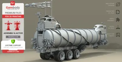 A detailed 3D model of a Mad Max War Rig Tanker showcasing armored spikes, wheels, and turret.