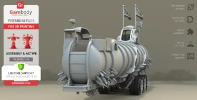 Futuristic tanker truck model with multiple wheels and flags, designed for 3D printing.