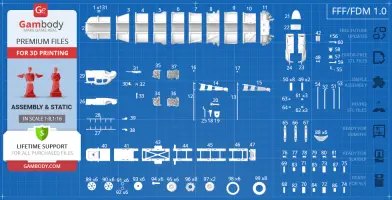 Blueprint-style layout of Mad Max War Rig Tanker 3D model parts for printing.
