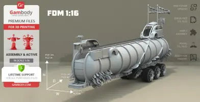 A 3D model of the Mad Max War Rig Tanker, detailed and ready for 3D printing, showcasing assembly dimensions.