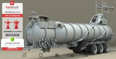 A detailed 3D model of a Mad Max War Rig Tanker, designed for 3D printing, shown with assembly features.
