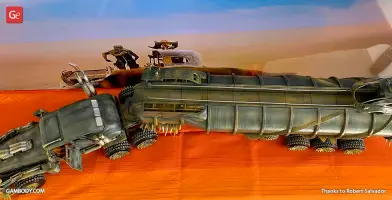 A detailed 3D model of the Mad Max War Rig Tanker on an orange surface.