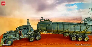 A detailed 3D printed Mad Max War Rig tanker with rugged desert-themed details.