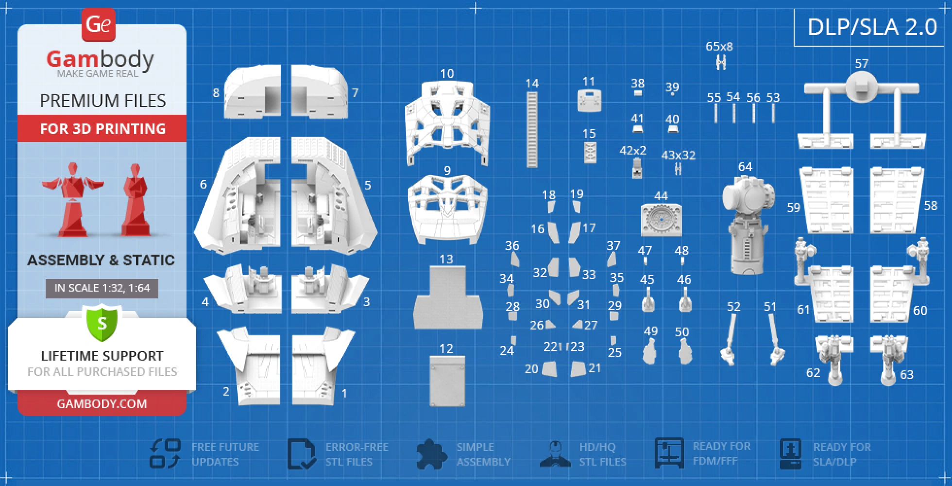 Blueprint-style layout of parts for 3D printing an Interstellar Ranger vehicle model.