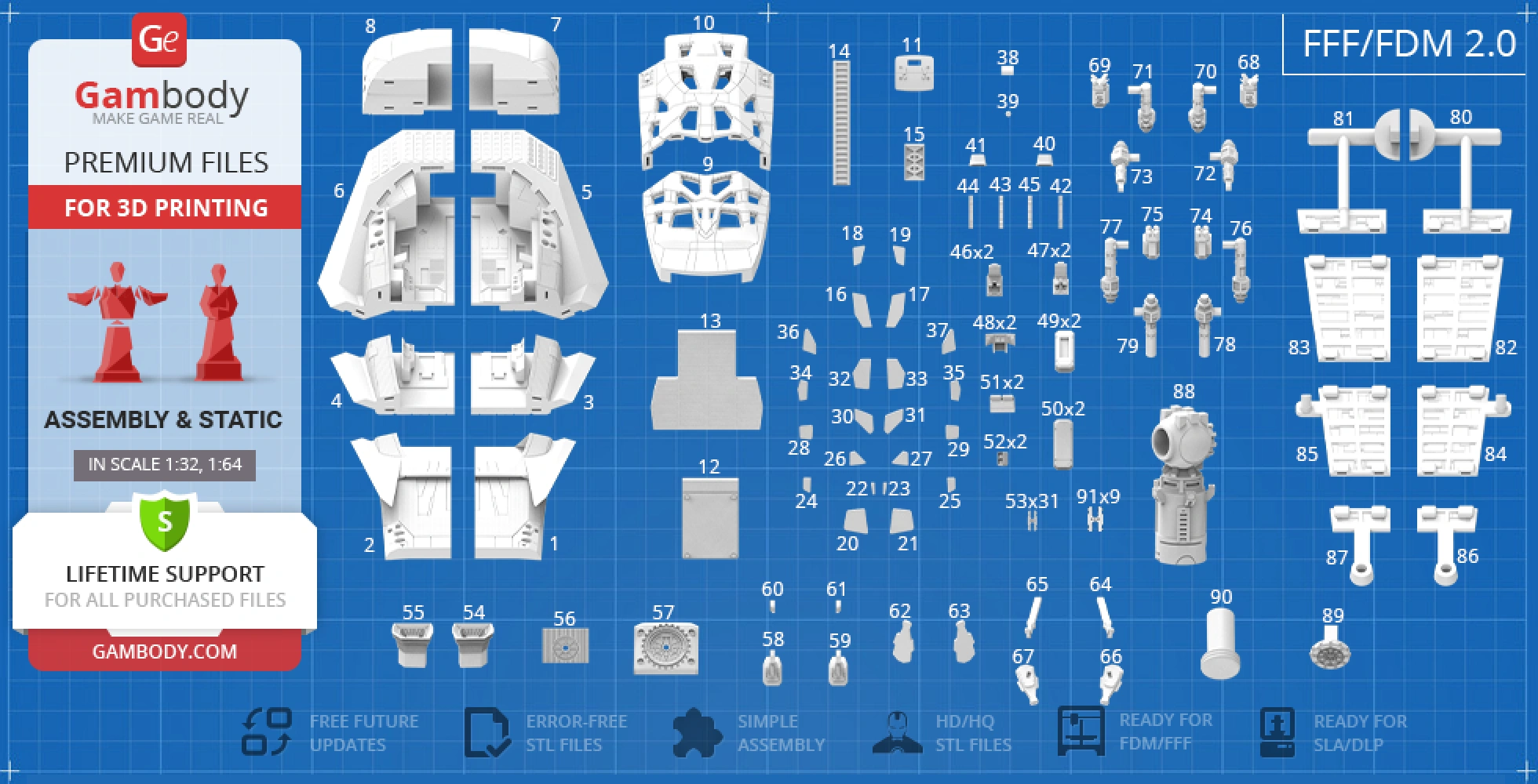 Blueprint of 3D printable Interstellar Ranger parts with labels and assembly instructions.