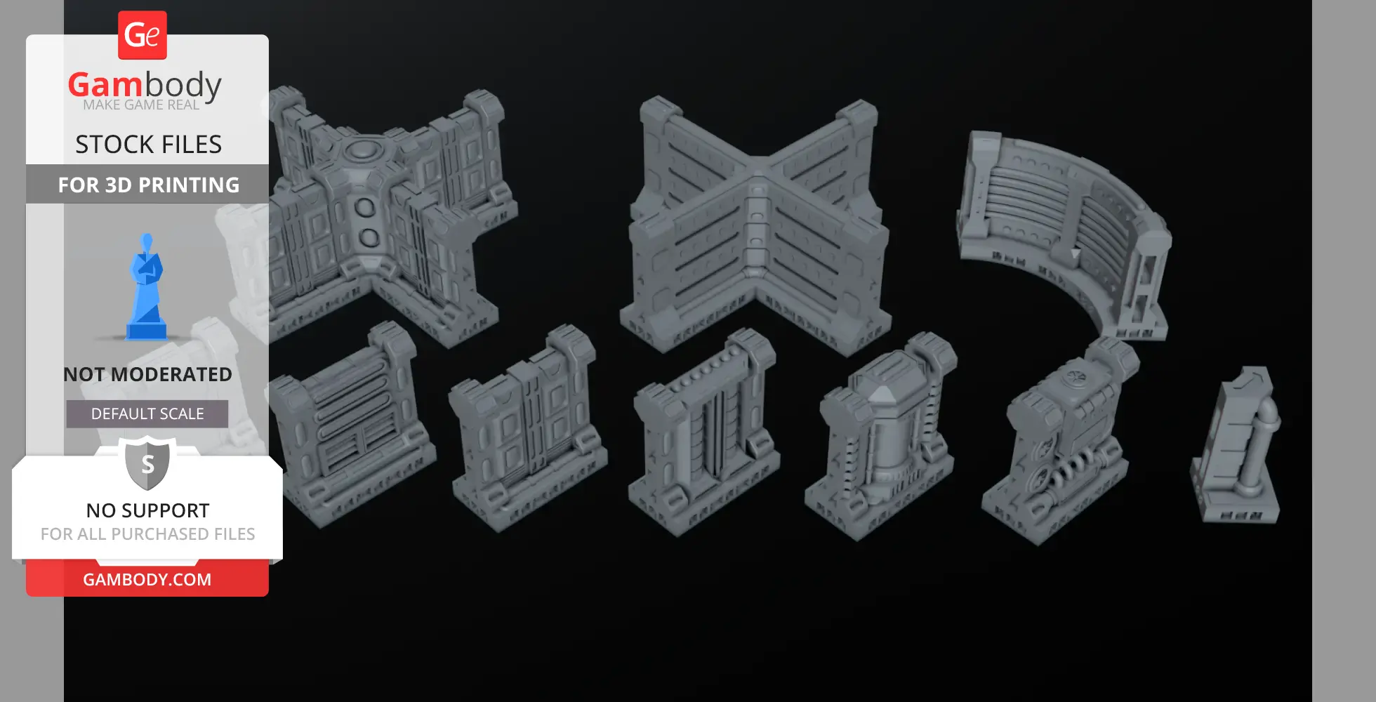 Sci-fi terrain pieces with modular wall sections for 3D printing, displaying futuristic architectural designs.