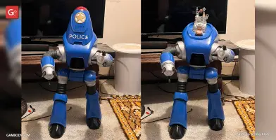 A blue and silver robot model with 'POLICE' text, from Fallout universe, for 3D printing.