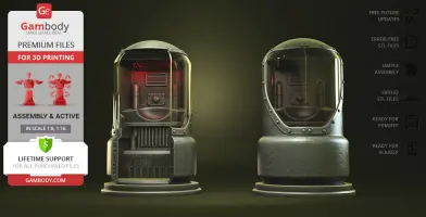 A detailed 3D model of a Fallout Protectron robot, ready for 3D printing, displayed with assembly features.