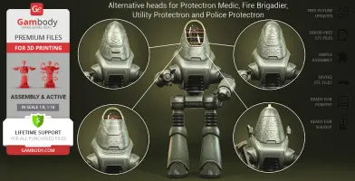 3D model of Fallout Protectron with interchangeable heads for Medic, Fire Brigadier, and Police roles.