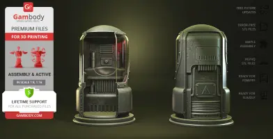 A detailed 3D model of a Fallout Protectron unit, showcasing front and back views for 3D printing preparation.