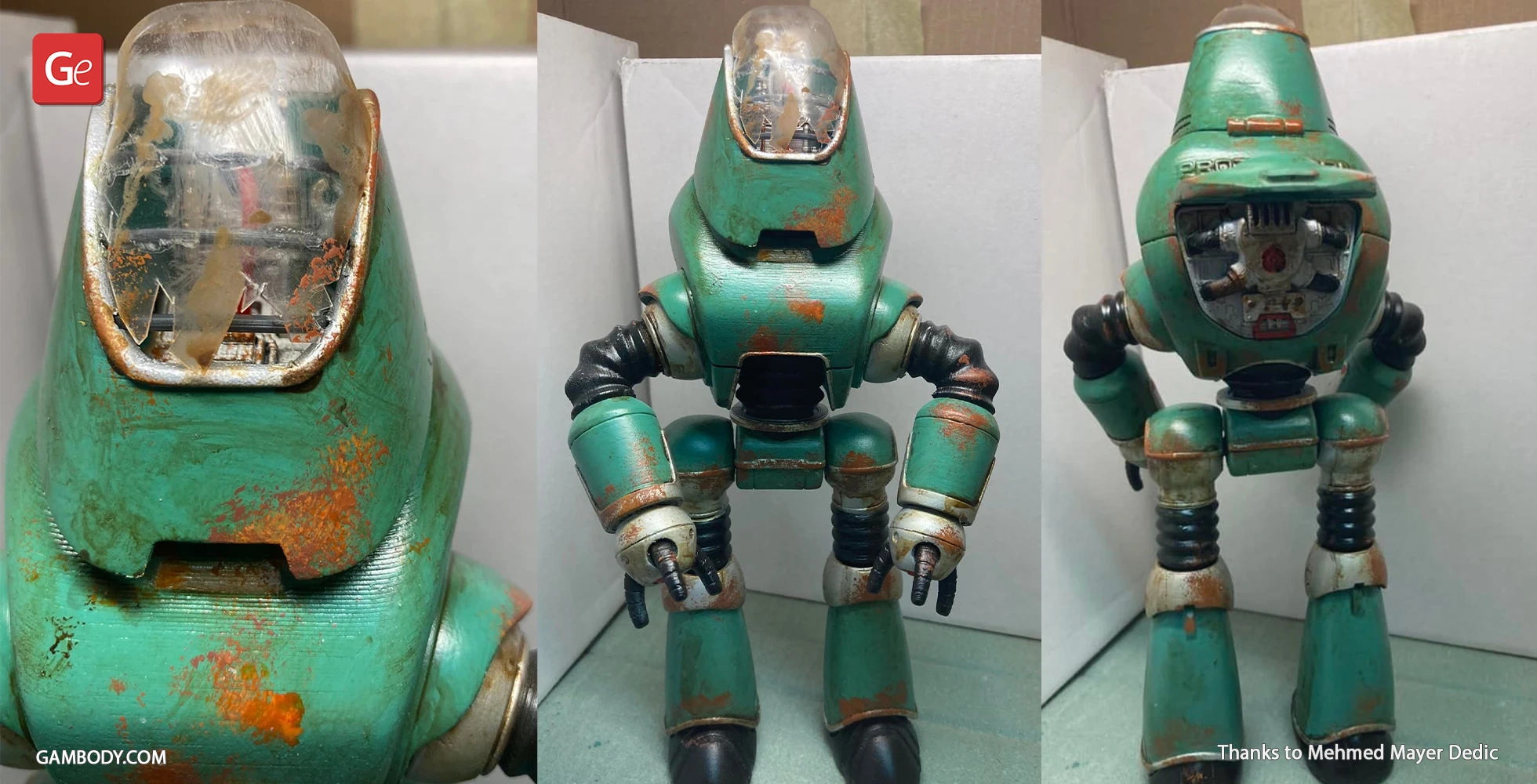 A weathered, teal Protectron robot model with rust details, viewed from the front, side, and back.