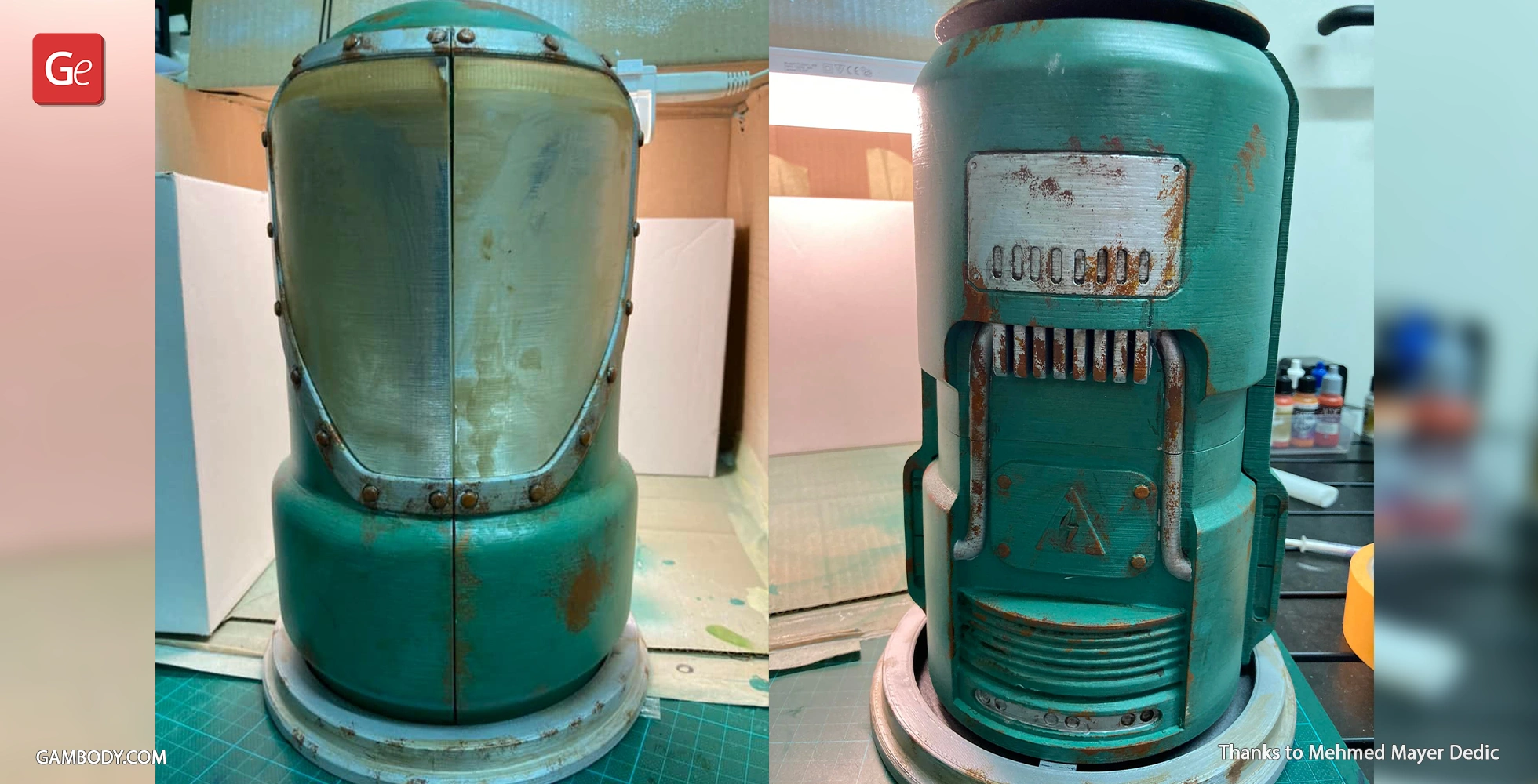 A weathered, teal Protectron robot torso from Fallout, designed for 3D printing.