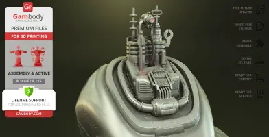 A detailed 3D model of a Protectron robot from Fallout, featuring intricate mechanical components.