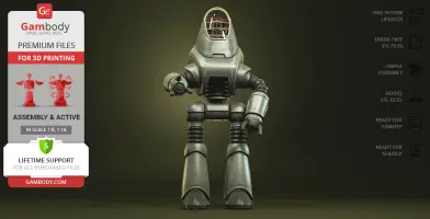 A 3D model of a Fallout Protectron robot for printing, with detailed features and assembly options.