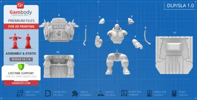 3D model parts of a character on a throne for printing, including torso, arms, and throne components.