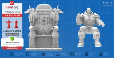 A muscular figure beside an ornate throne, ready for 3D printing in STL format.
