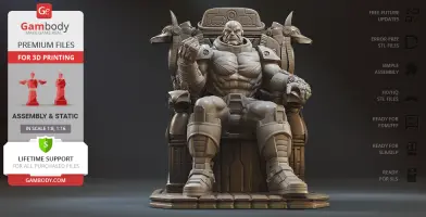 A muscular figure with armor sitting on a detailed throne, designed for 3D printing.