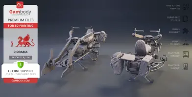 3D model of Mandalorian speeder bike, dual view for 3D printing, displayed on Gambody platform.