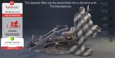 Mandalorian Speeder Bike model for diorama 3D printing, featuring detailed assembly and various scale options.